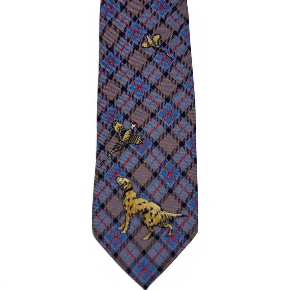 Vintage Polo Ralph Lauren Wool Tie Plaid Hunting Dog Pheasant Brown Blue Tie USA